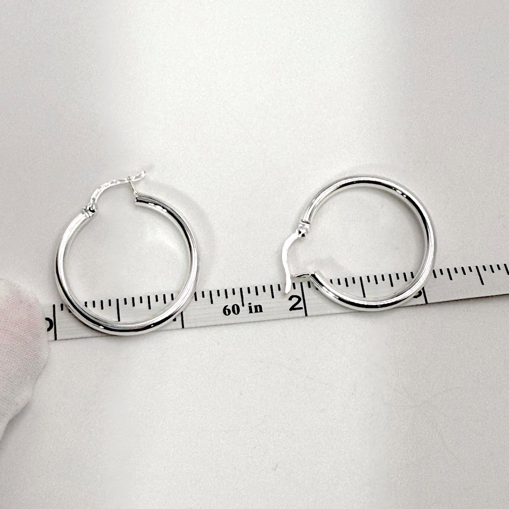 .925 Sterling Silver 3mm x 30mm Tube Hoop Earrings - Picture 12 of 13